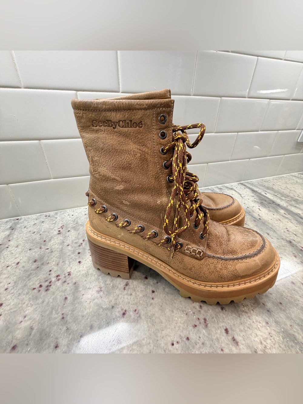 See By Chloe Mahala Eyelet Tan combat Lace Up Boots  size 37